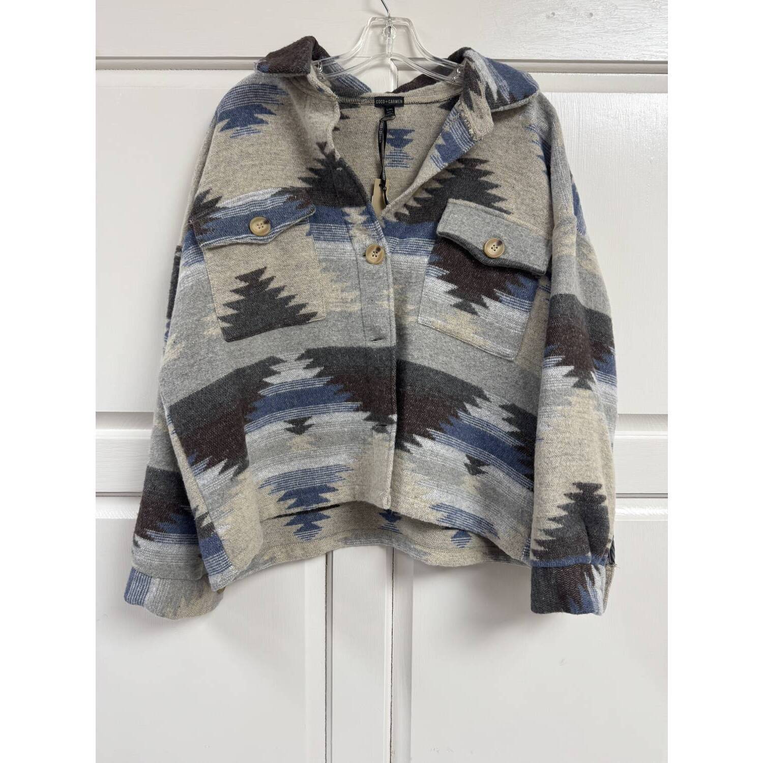 New Coco + Carmen Women's 2 Pocket Sweater With Collar In Earthy Aztec Print